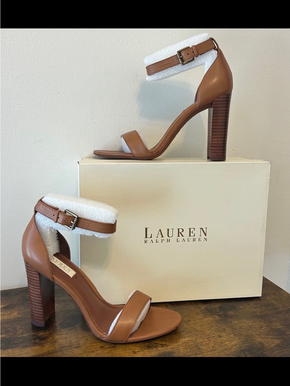 Lauren Ralph Lauren Cognac Leather Ankle-Strap Block Heel Sandals